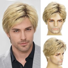 Mens Blonde Wig Short Straight Synthetic Blonde Hair Wigs for Men Guy Daily W...