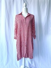 Red and White Striped Cotton Shirt Dress with Pockets Size Small