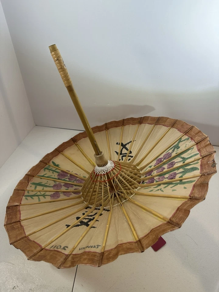 Paraguas de madera de bambú pintado a mano oriental pintado a mano de colección, papel de arroz, Foto 3 de 4