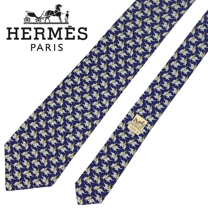 HERMES Necktie Tie Blue elephant pattern 100% Silk made in France