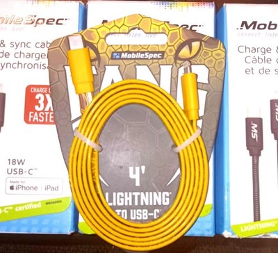 3 New MobileSpec 6' Charge & Sync Cables (MBS06903) & 4ft Fang Usb-C-iPhone