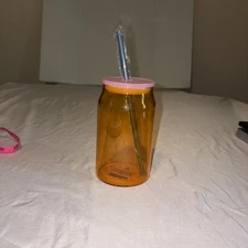 Room Essentials Glass Straw Tumbler Orange 17 ounce pink top