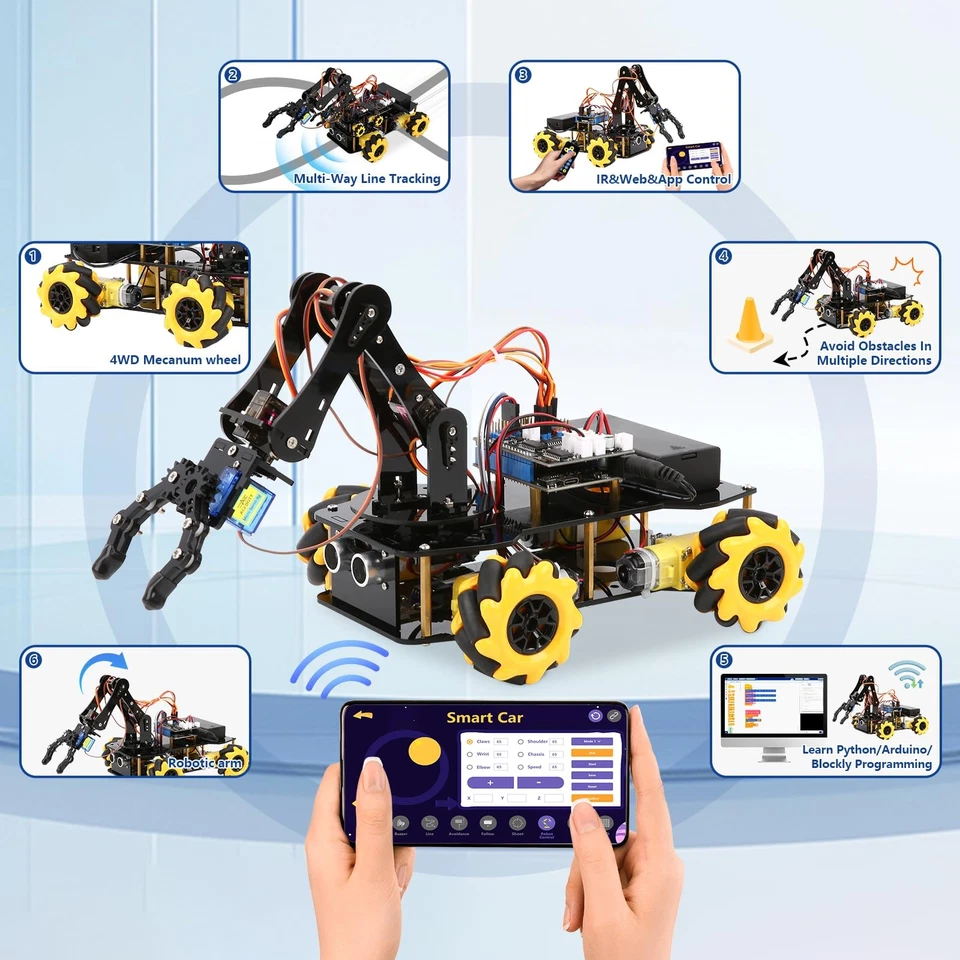 5DOF Smart Robot Arm Car Kit, 4WD Remote Control Car Compatible with Arduino/... - Image 3 of 4
