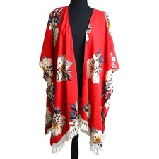 UMGEE Red Floral Kimono Women's S/M Open Front Tassel Boho Flowy Vacation