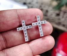 2Ct Round Cut Real Moissanite Cross Women's Stud Earrings 14k White Gold Plated