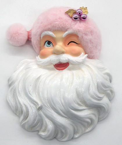 Raz Imports Winking Santa Claus Face Wall Decor Retro Pink Plush Sparkling Hat