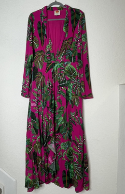 FARM Rio Maxi Dress L Pink Green Tropical Leaf Print Long Sleeve Boho  Resort | eBay