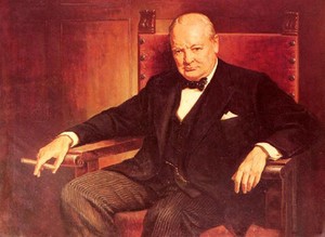 Oil painting male portrait Sir Winston Churchill smoking in chair ...