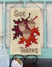 Vintage  Hand Made Beaded Art with Fall Leaves  Give Thanks, Vintage Wall Art