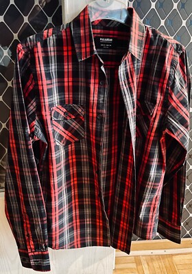 Pull&Bear Herren Hemd Langarm Rot / Schwarz Holzfäller Kariert Gr.M