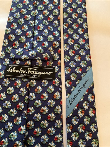 NEW w/o TAG Salvatore Ferragamo Blue Flower w/ Ladybug Silk Tie - 3.75” X 57”L - Picture 4 of 5