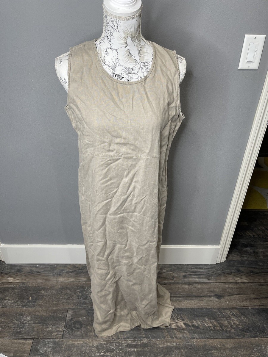 AKA Eddie Bauer Dress Linen Tan Scoop Neck Sleeveless Pullover Size 10  Medium