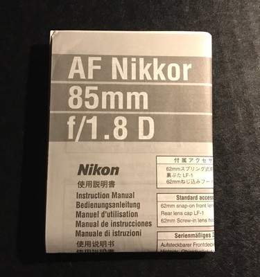 Nikon AF Nikkor 85mm f/1.8D Lens -Genuine Instruction Manual