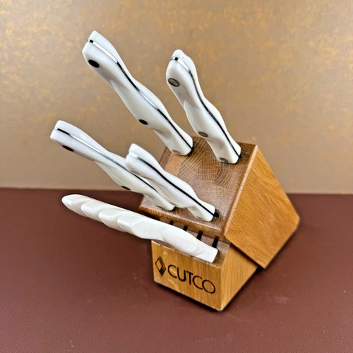 CUTCO 8 Piece Pearl White Handle Knife Wood Block Set Steak Knives Serrated