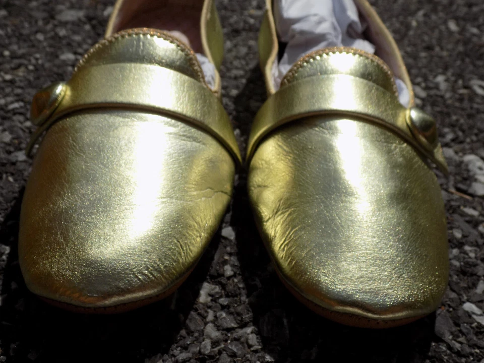 De Colección Daniel Verde Talla 6 Zapatillas Metálicas Dorado Mocasines Botón Correa Acentos Retro Foto 3 de 4