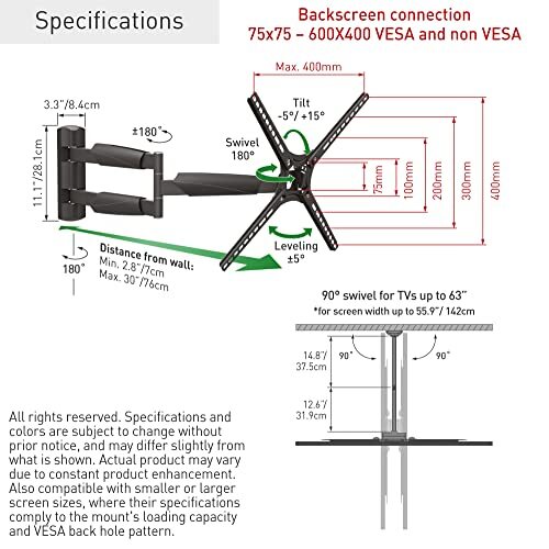 Barkan Long TV Wall Mount, 13-65 inch Full Motion Assorted Sizes , Colors - Picture 9 of 31