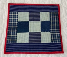 Vintage Antique Patchwork Quilt Table Topper, Navy Blue White, Nine Patch