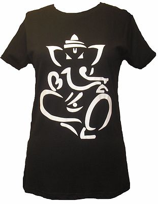Adini Ganesh Graphic Tee Shirt in Black with White Ganesh -Large