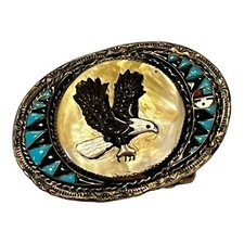VTG Sterling Silver Mother of Pearl Turquoise Black Southwest Eagle Belt Buckle