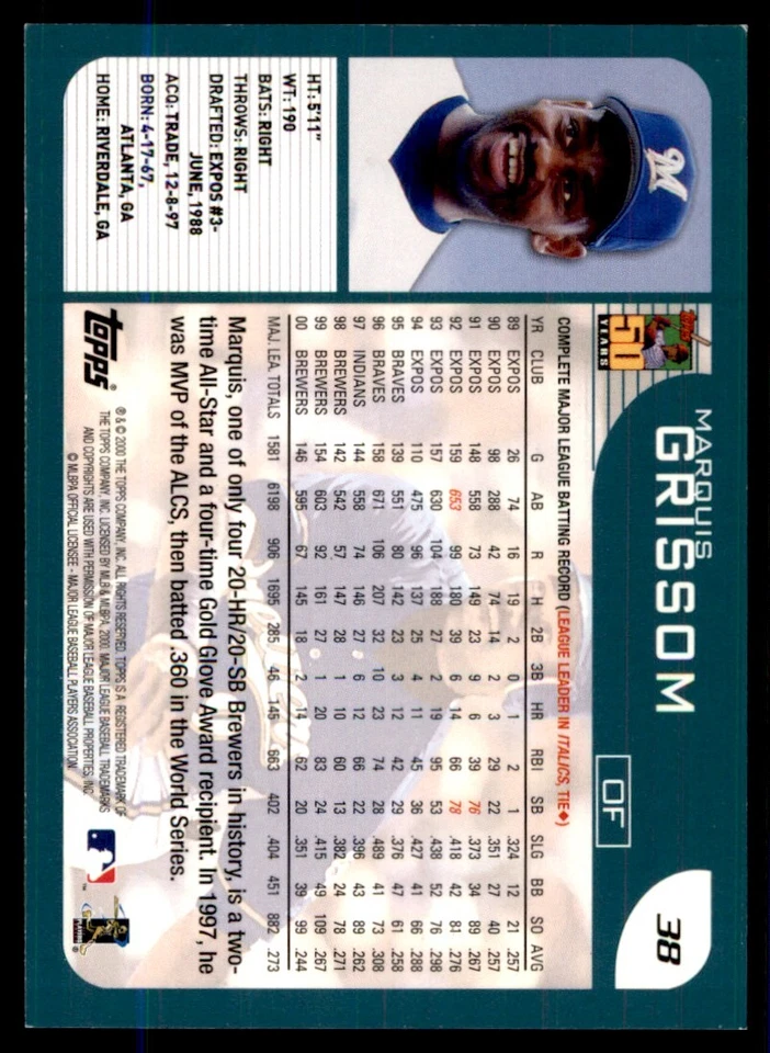2001 Topps Marquis Grissom Milwaukee Brewers #38 - Image 2 of 2