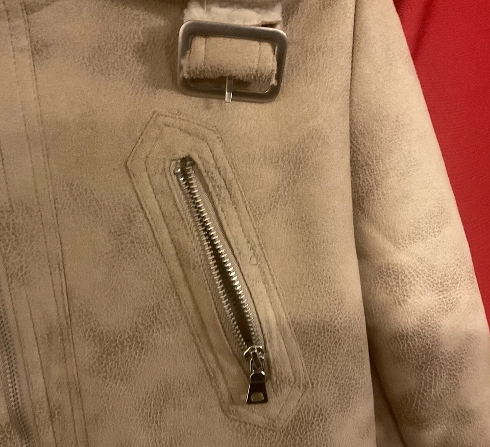 Chaqueta Abrigo STEVE MADDEN Beige Imitación Gamuza Cuero Sherpa Piel de Oveja 3/4 LG Foto 4 de 4