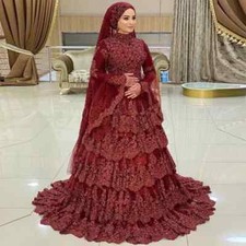 Burgundy Wedding Dresses Muslim Long Sleeves High Neck Lace Tiers Skirt Gowns