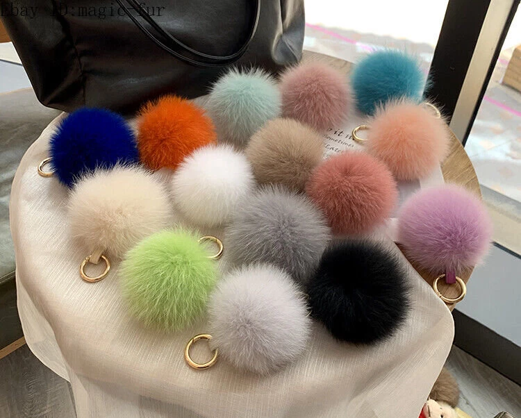 Fox fur bag charm pompom blue white ,fur ball keychain , fur pom