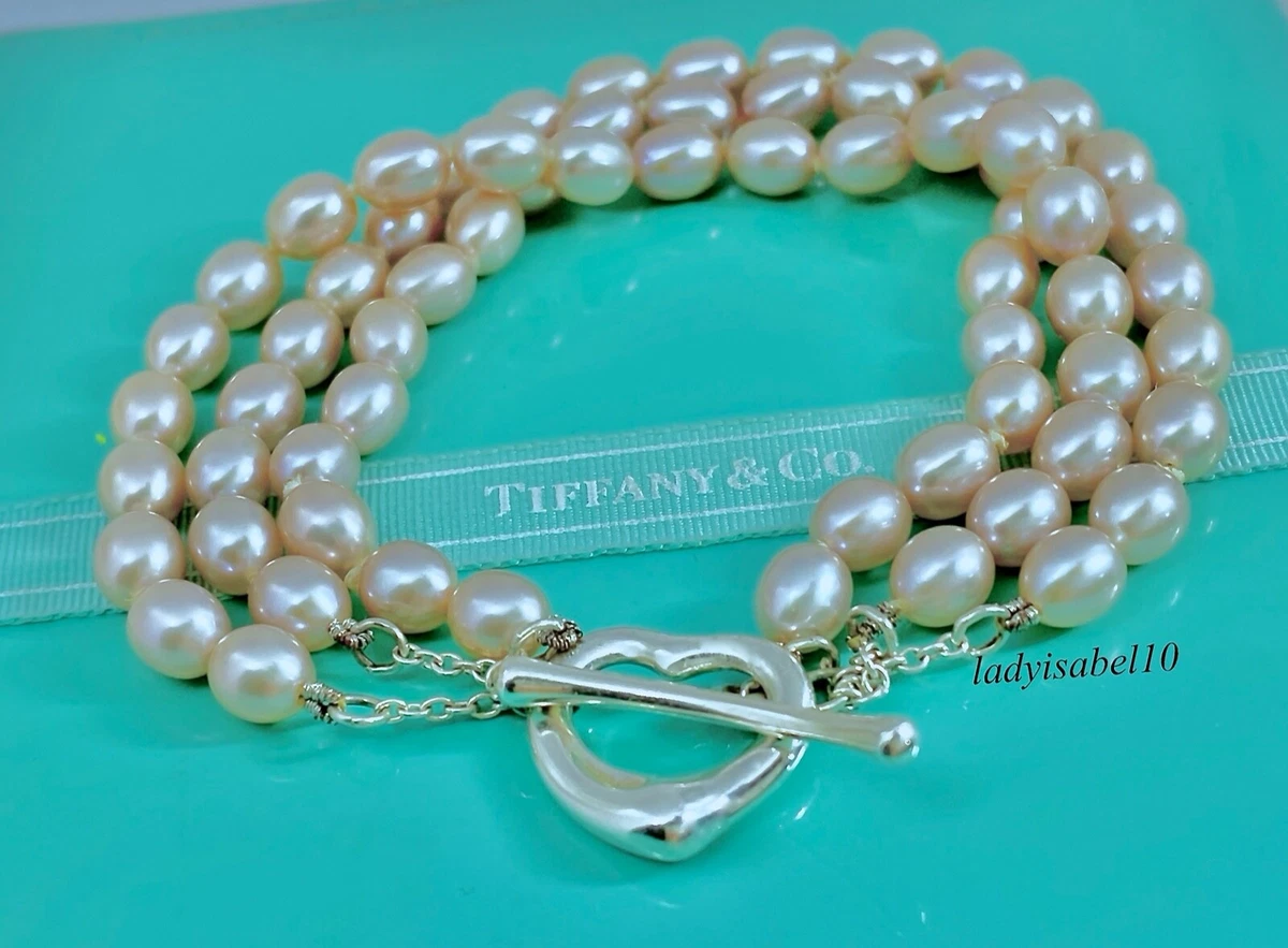 Tiffany Co Silver Peretti 3 Row Pink Pearl Heart Toggle 7.5in