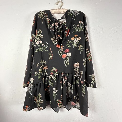 Zara Trafaluc Collection Womens Romper Small Black Floral Long Sleeve Keyhole - Picture 2 of 8