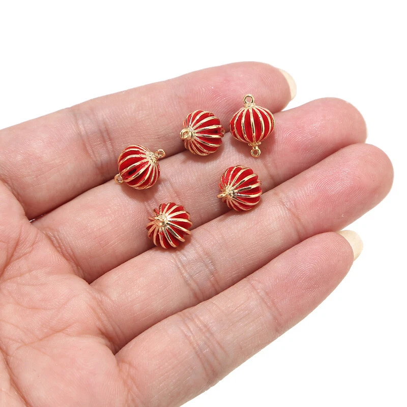 Nuevos pendientes colgantes de bola 10 piezas conectores linterna de la suerte de latón esmaltado rojo hágalo usted mismo Foto 2 de 4
