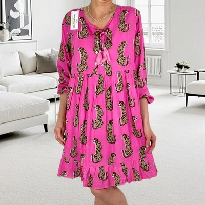 Zwillingsherz Kleid Tunikakleid Sommerkleid Volantkleid Pink LeopardenPrint L/XL