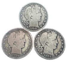 1908 P/D/O Barber Half Dollar 50c 90 Silver Lot of 3 Coin Year Set