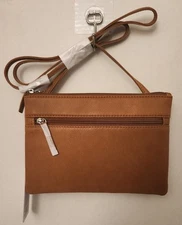 LEATHER HANDBAG CROSSBODY  NEW ANTIQUE SADDLE by ili NEW YORK 3 ZIPS ADJ.STRAP