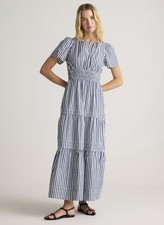 Quince 100% Organic Cotton Poplin Tiered Maxi Dress with Pockets Stripes Large
