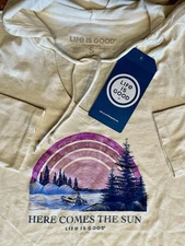 LIFE IS GOOD Womens Long Sleeve Crusher Hooded T-Shirt Comes The Sun White S NWT