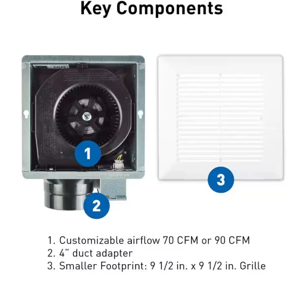 Ventilador de escape de baño de techo/pared Whisper Mighty Pick-A-Flow 70/90 CFM, Energy S Foto 3 de 4