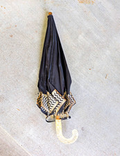 vintage Black Parasol Patterned Geometric Band and Carved Translucent Handle