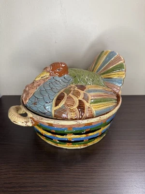 VTG Antique Mexico Pottery Tlaquepaque TerraCotta Turkey Bird Casserole Large - Image 1 of 4