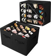 2 Pack Foldable Shoe Organizer with Adjustable Dividers, Fits 32 Pairs, Black