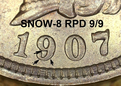 1907 Indian Head Cent - XF DETAILS, SNOW-8/POLIQUIN VAR-9, REPUNCHED DATE (M029)