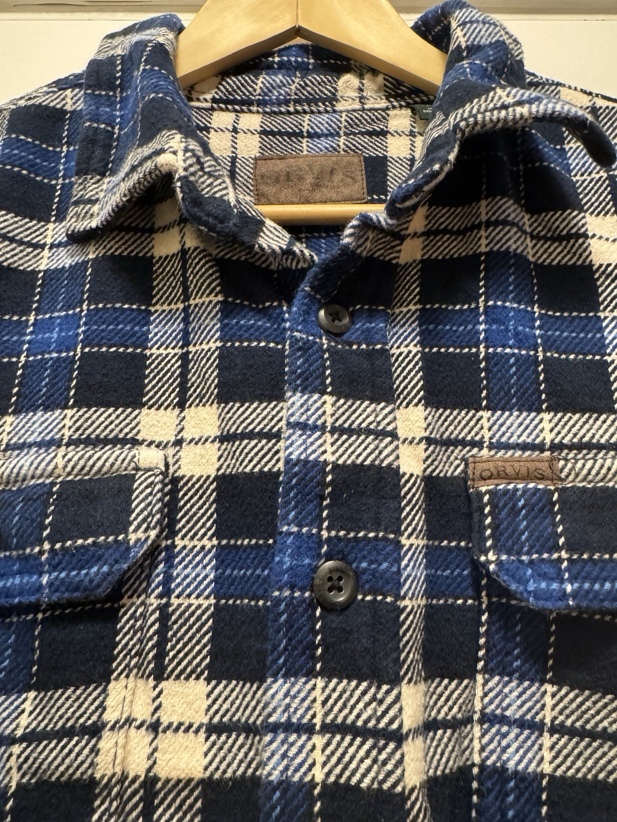 Orvis Flannel Shirt Mens XL Blue Plaid Button Up Heavy Cotton Workwear Outdoor