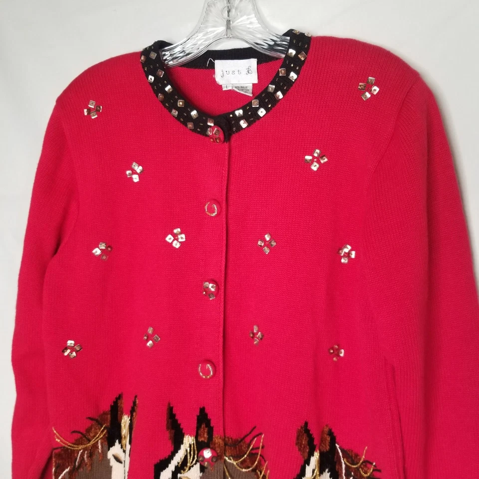Cárdigan ecuestre Just B Horse suéter rojo arte para usar Derby grandes cuentas Foto 3 de 4