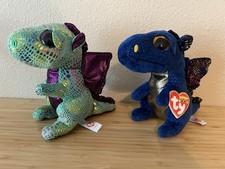 TWO Ty Beanie Boos Dragons Cinder  Saffire Green Blue Lot of 2 Plush 6" Shiny