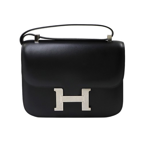 HERMES Constance 23 Shoulder Bag Box Calf Leather Black Guilloche 90310038