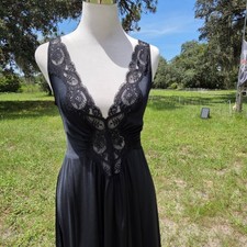 Vintage 80's OLGA L Long Nightgown Negligee Black Full Sweep Nylon Satin