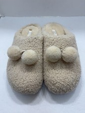 FitFlop Womens 10 Cream Sherpa Fleece Pom Pom Clog Slippers Shoes EH7-892