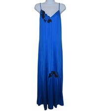 Vintage Shadowline Blue Nylon Slip Nightgown Black Embroidered Floral Womens L