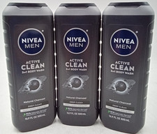 New Nivea Men Active Clean Natural Charcoal 3-in 1 Body Washes Lot of 3