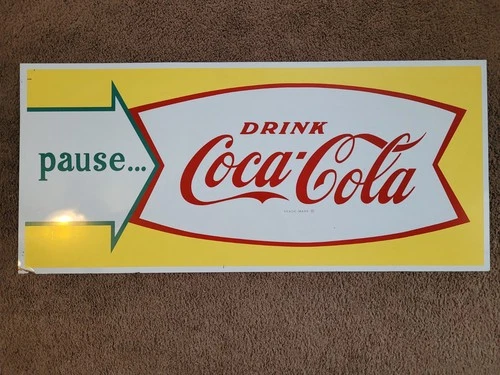 Vintage Coca Cola Fishtail Tin Sign 40" Pause Drink Coca Cola! Lot 2