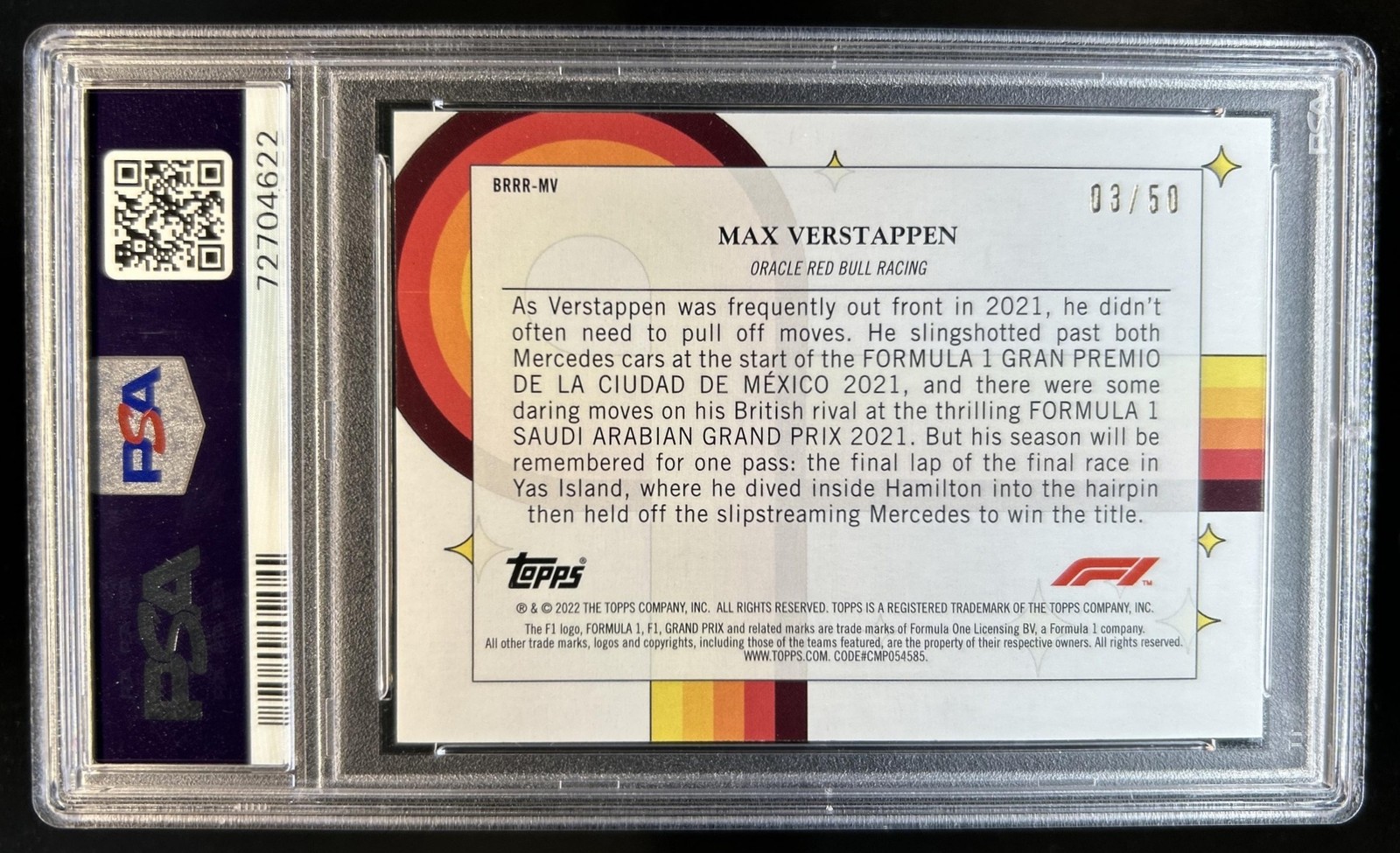 2022 Topps F1 Max Verstappen Bounce, Rock, Race, Roll Gold #/50 PSA 10 GEM MINT view 2